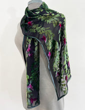 Load image into Gallery viewer, Hand-Painted Devoré Velvet Scarf — Hummingbirds in Branches in Black