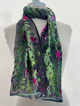 Load image into Gallery viewer, Hand-Painted Devoré Velvet Scarf — Hummingbirds in Branches in Black