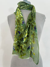 Load image into Gallery viewer, Hand-Painted Devoré Velvet Scarf — Hummingbirds in Branches in Green