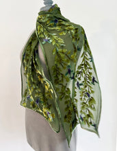 Load image into Gallery viewer, Hand-Painted Devoré Velvet Scarf — Hummingbirds in Branches in Green