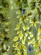 Load image into Gallery viewer, Hand-Painted Devoré Velvet Scarf — Hummingbirds in Branches in Green