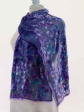 Load image into Gallery viewer, Hand-Painted Devoré Velvet Scarf — Hummingbirds in Branches in Purple