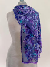 Load image into Gallery viewer, Hand-Painted Devoré Velvet Scarf — Hummingbirds in Branches in Purple