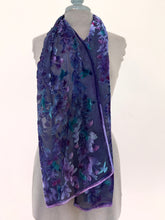 Load image into Gallery viewer, Hand-Painted Devoré Velvet Scarf — Hummingbirds in Branches in Purple