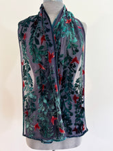 Load image into Gallery viewer, Hand-Painted Devoré Velvet Scarf — Hummingbirds in Branches in Charcoal