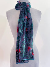 Load image into Gallery viewer, Hand-Painted Devoré Velvet Scarf — Hummingbirds in Branches in Charcoal