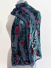 Load image into Gallery viewer, Hand-Painted Devoré Velvet Scarf — Hummingbirds in Branches in Charcoal