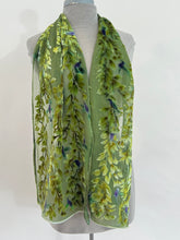 Load image into Gallery viewer, Hand-Painted Devoré Velvet Scarf — Hummingbirds in Branches in Green