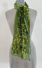 Load image into Gallery viewer, Hand-Painted Devoré Velvet Scarf — Hummingbirds in Branches in Green