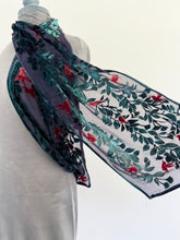 Load image into Gallery viewer, Hand-Painted Devoré Velvet Scarf — Hummingbirds in Branches in Charcoal