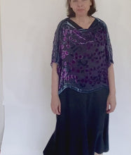 Load and play video in Gallery viewer, Velvet Poncho Top in Navy with Purple Roses