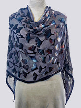 Load image into Gallery viewer, Gray tones and Black Velvet Shawl/Scarf with Hand-Painted Gingko Leaves