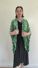 Load and play video in Gallery viewer, modeling  devoré or burnout velvet kimono jacket that is hand painted Gingko Leaves.
