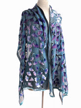 Load image into Gallery viewer, Blue Hand-Painted Gingko Leaves Burnout Velvet Scarf/Shawl
