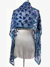 Load image into Gallery viewer, Blue Hand-Painted Gingko Leaves Burnout Velvet Scarf/Shawl
