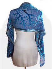 Load image into Gallery viewer, Blue Velvet Scarf of  Branches with Rain Drops Pattern