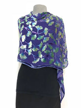 Load image into Gallery viewer, Burnout Velvet Poncho in Purple with Hand-Painted Green Gingko Leaves-Sherit Levin