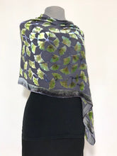 Load image into Gallery viewer, Burnout Velvet Shawl in Black with Hand-Painted Green Gingko Leaves-Sherit Levin
