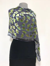 Load image into Gallery viewer, Burnout Velvet Shawl in Black with Hand-Painted Green Gingko Leaves-Sherit Levin