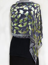 Load image into Gallery viewer, Burnout Velvet Shawl in Black with Hand-Painted Green Gingko Leaves-Sherit Levin