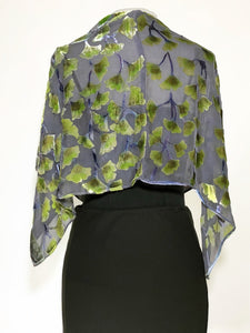 Burnout Velvet Shawl in Black with Hand-Painted Green Gingko Leaves-Sherit Levin