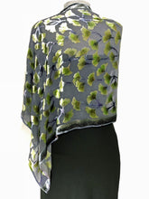 Load image into Gallery viewer, Burnout Velvet Shawl in Black with Hand-Painted Green Gingko Leaves-Sherit Levin