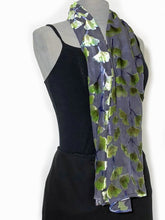 Load image into Gallery viewer, Burnout Velvet Shawl in Black with Hand-Painted Green Gingko Leaves-Sherit Levin
