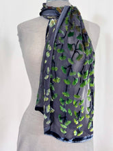 Load image into Gallery viewer, Velvet Devoré Gingko Leaves in Black with Green