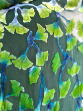 Load image into Gallery viewer, detail close up of devoré of burnout velvet fabric that is hand painted in green and purple.
