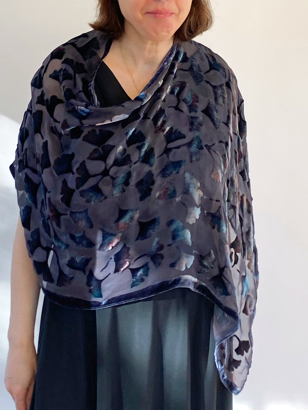 Gray tones and Black Velvet Shawl/Scarf with Hand-Painted Gingko Leaves