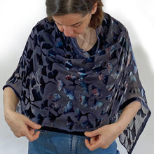 Load image into Gallery viewer, Gray tones and Black Velvet Shawl/Scarf with Hand-Painted Gingko Leaves-Sherit Levin