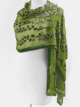 Load image into Gallery viewer, Green Velvet Burnout Scarf/Shawl with Willow branches Pattern