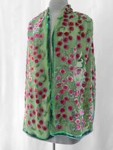 Load image into Gallery viewer, Magenta Roses on Spring Green Velvet Scarf/Shawl