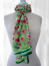 Load image into Gallery viewer, Magenta Roses on Spring Green Velvet Scarf/Shawl