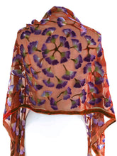 Load image into Gallery viewer, Orange and Purple Velvet Scarf/Shawl with Ginkgo Leaves
