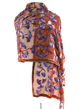 Load image into Gallery viewer, Orange and Purple Velvet Scarf/Shawl with Ginkgo Leaves