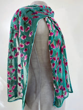 Load image into Gallery viewer, Scarf in Teal with Fuchsia Flowers