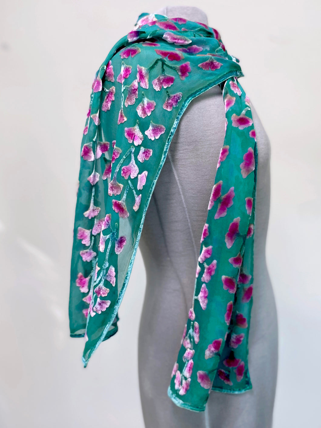 Scarf in Teal with Fuchsia Flowers