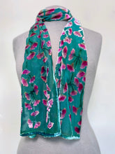 Load image into Gallery viewer, Scarf in Teal with Fuchsia Flowers
