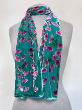 Load image into Gallery viewer, Scarf in Teal with Fuchsia Flowers