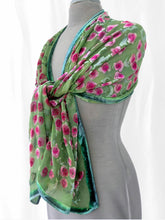 Load image into Gallery viewer, Magenta Roses on Spring Green Velvet Scarf/Shawl