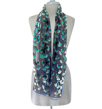 Load image into Gallery viewer, Velvet Gingko Leaf Scarf in Black with Turquoise