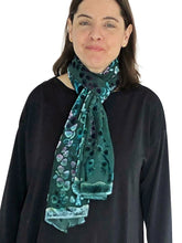 Load image into Gallery viewer, Velvet Scarf/Shawl Hand-Painted with Willows Pattern in Teal and Aquamarine