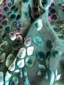 Velvet Scarf/Shawl Hand-Painted with Willows Pattern in Teal and Aquamarine-Sherit Levin