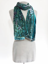 Load image into Gallery viewer, Velvet Scarf/Shawl Hand-Painted with Willows Pattern in Teal and Aquamarine-Sherit Levin