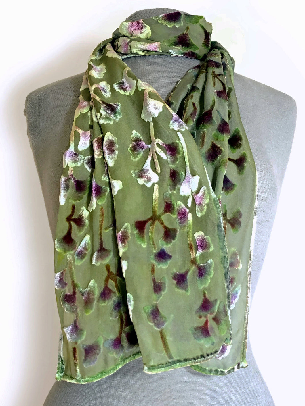 Velvet Scarf with Gingko Leaves in Sage