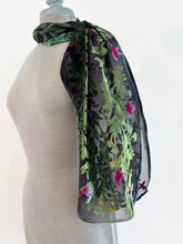 Load image into Gallery viewer, Hand-Painted Devoré Velvet Scarf — Hummingbirds in Branches in Black
