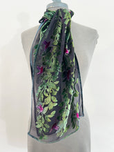 Load image into Gallery viewer, Hand-Painted Devoré Velvet Scarf — Hummingbirds in Branches in Black
