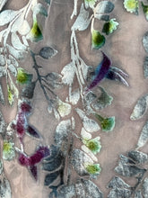 Load image into Gallery viewer, Hand-Painted Devoré Velvet Scarf — Hummingbirds in Branches in Silver Gray
