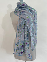 Load image into Gallery viewer, Hand-Painted Devoré Velvet Scarf — Hummingbirds in Branches in Silver Gray
